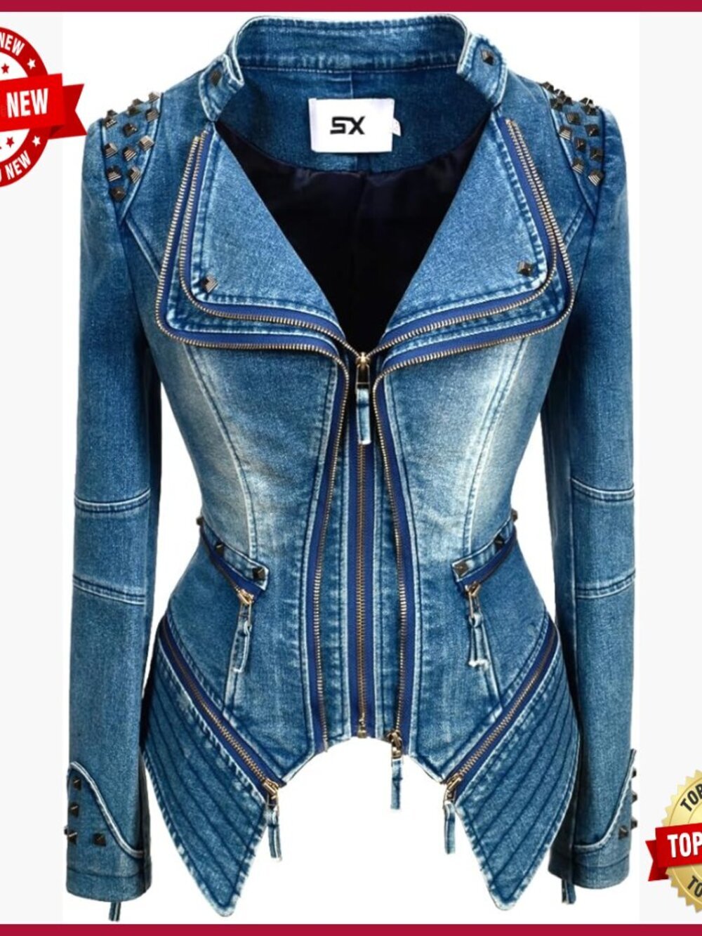 Women's Studded Denim Jacket Punk Motorcycle Dovetail Design Long Sleeve